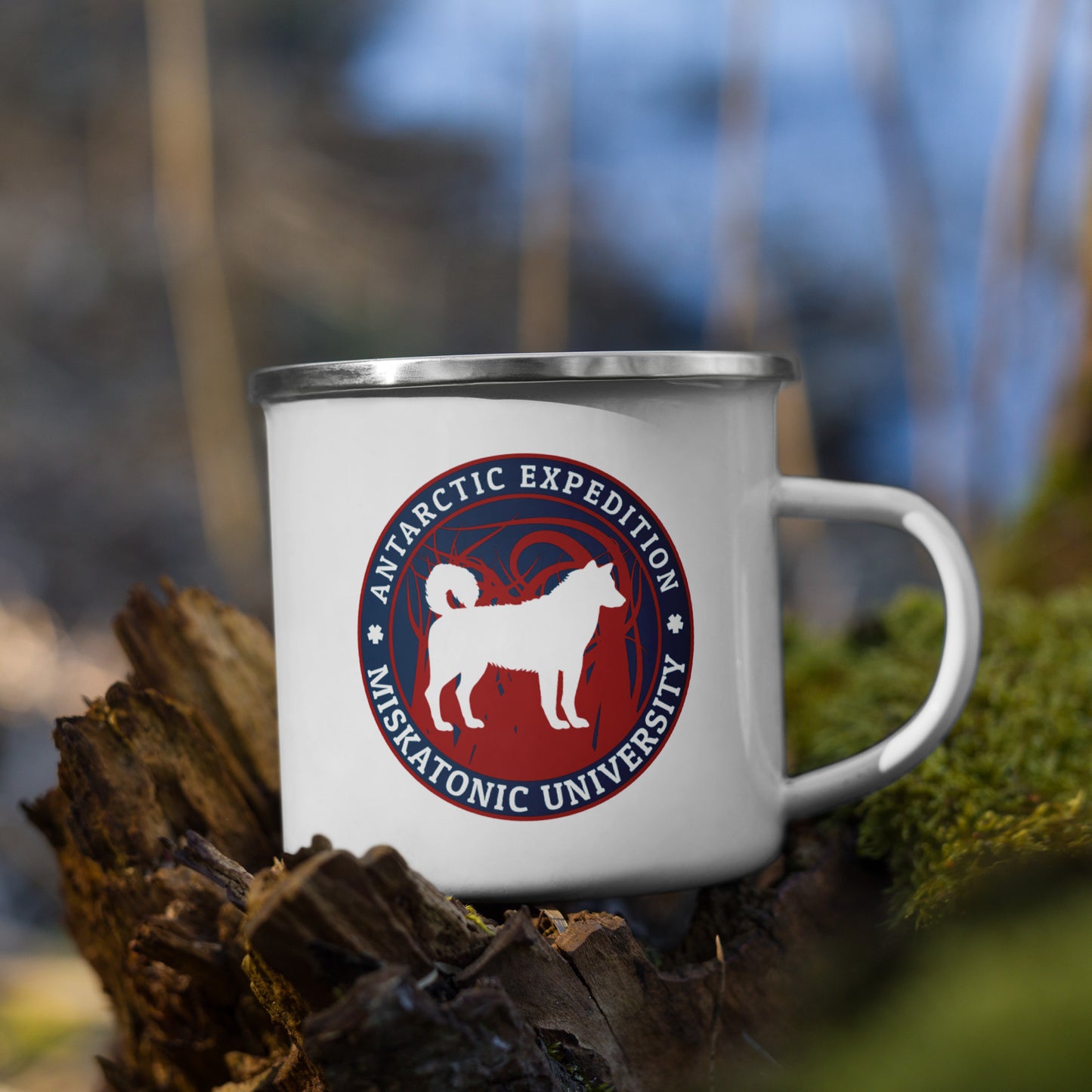 Taza esmaltada de la expedición antártica de la Universidad de Miskatonic