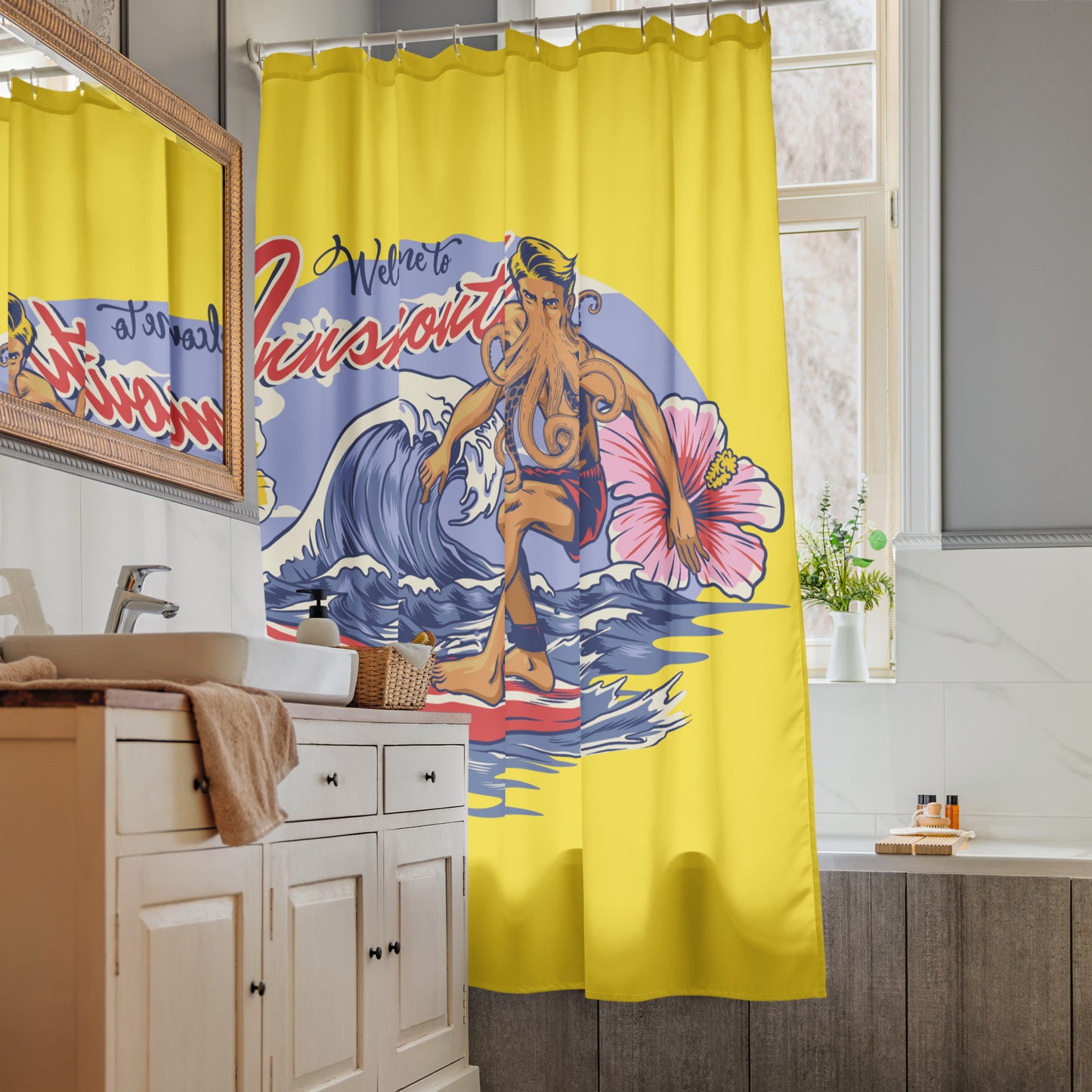 Innsmouth Surfing Lovecraft Shower curtain