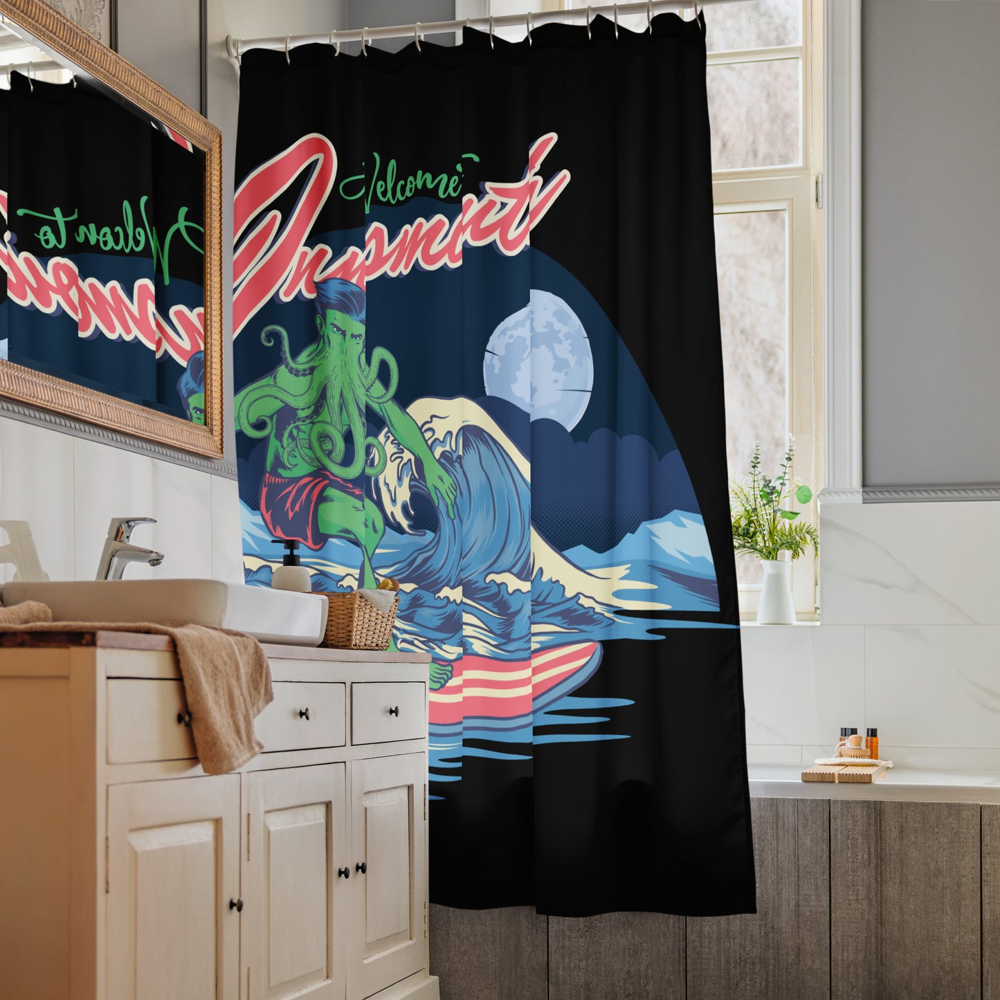 Innsmouth Surfing Lovecraft Shower curtain
