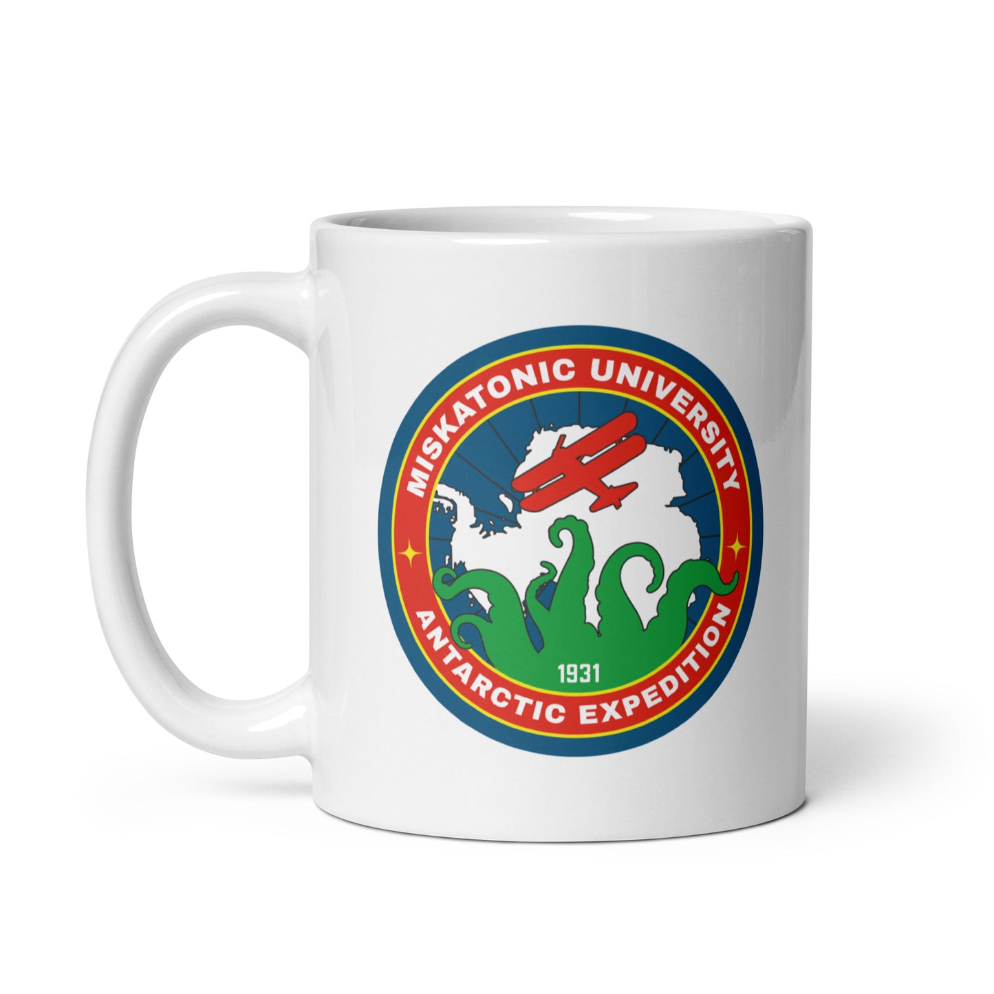 Taza blanca brillante de la Expedición Antártica de la Universidad de Miskatonic