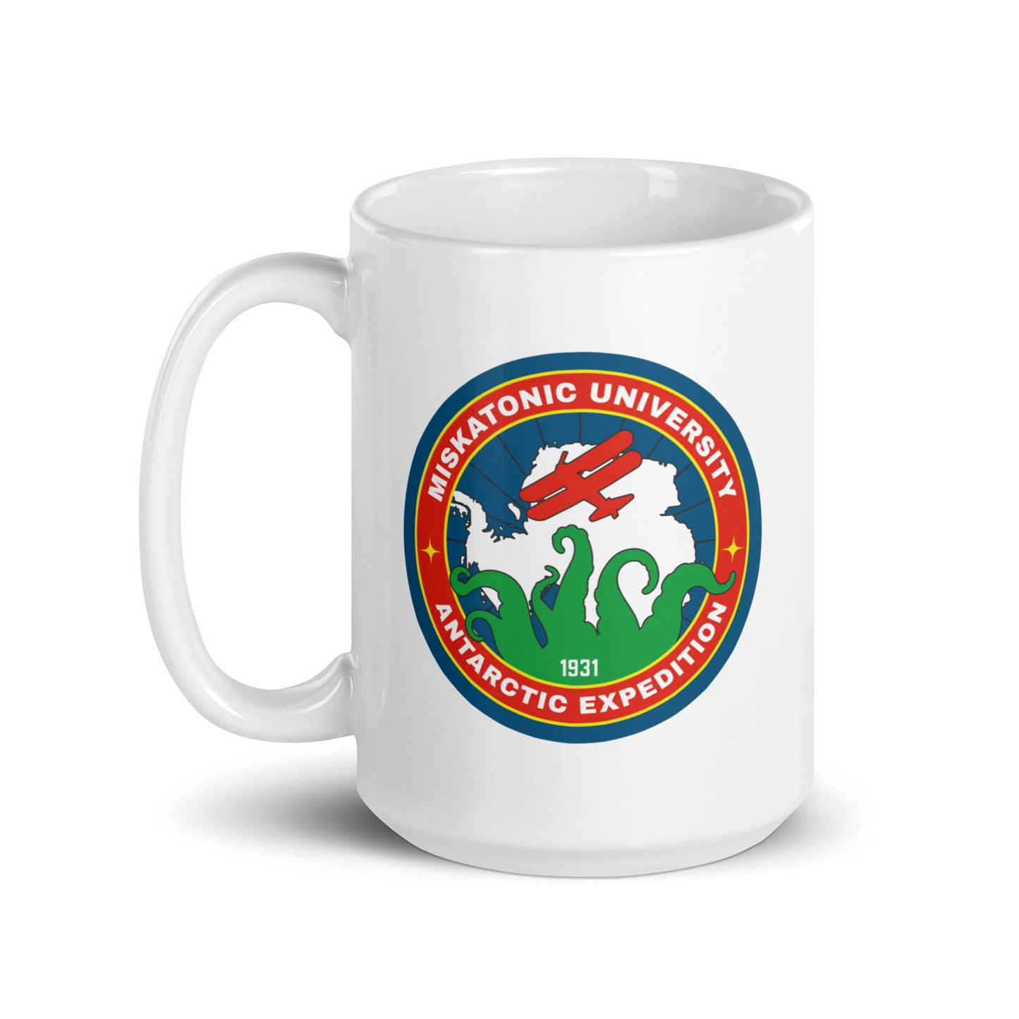 Taza blanca brillante de la Expedición Antártica de la Universidad de Miskatonic